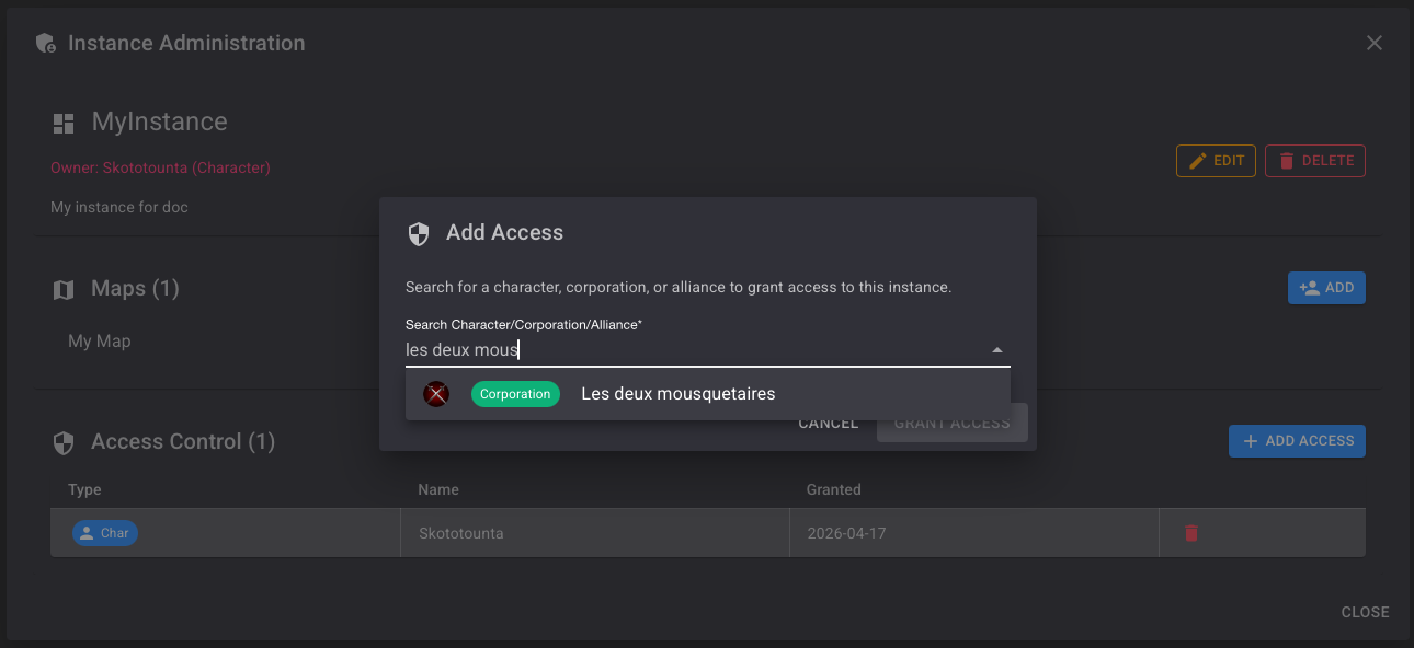 Add Access dialog — search field with "les deux mous" typed, showing Corporation result