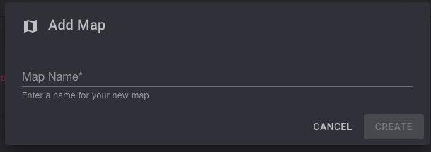 Add Map dialog — empty name field, CREATE button disabled