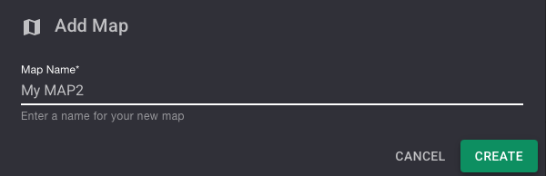 Add Map dialog — "My MAP2" entered, CREATE button enabled