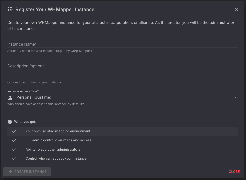 Instance registration form