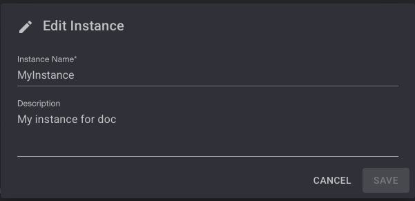 Edit Instance dialog with Name and Description fields