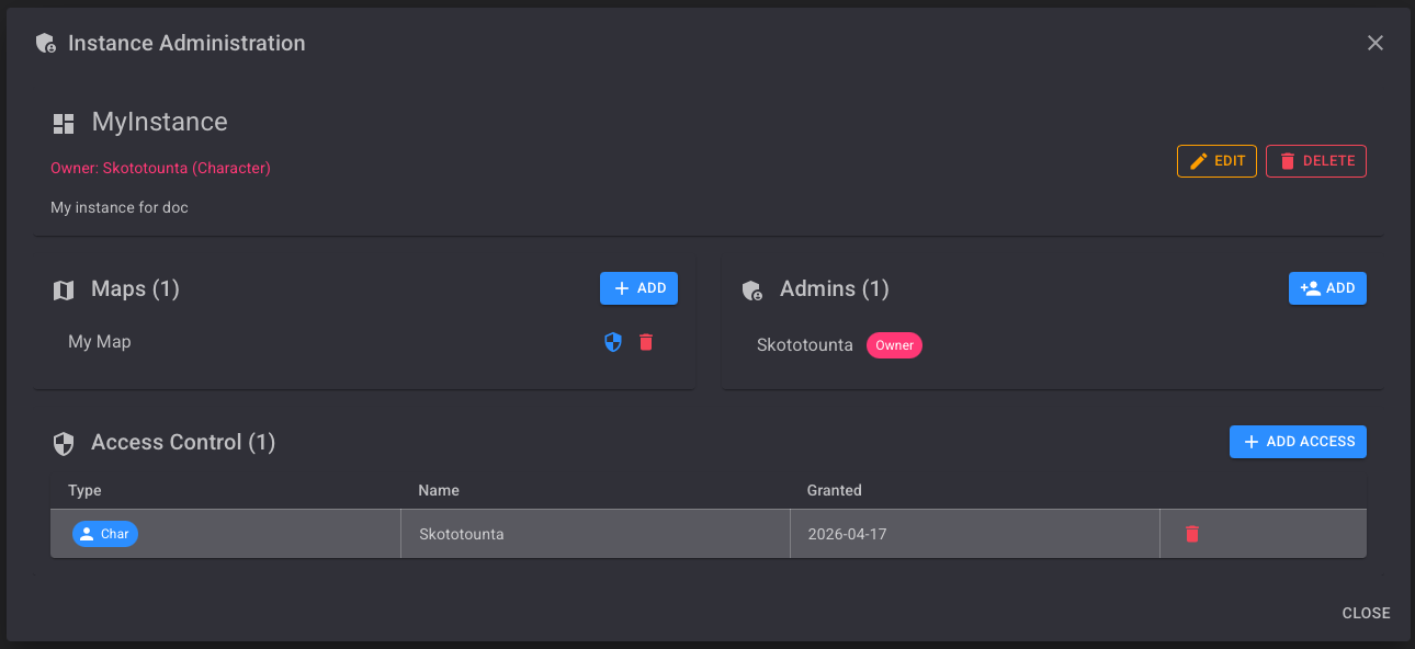 Instance Administration panel — Maps section now shows "My Map" with edit and delete icons