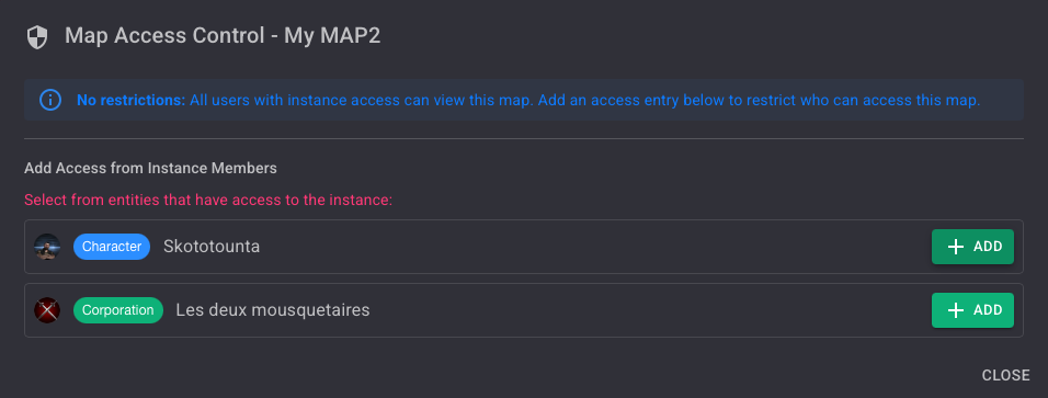 Map Access Control dialog — No restrictions banner, with Skototounta and Les deux mousquetaires listed as candidates to add