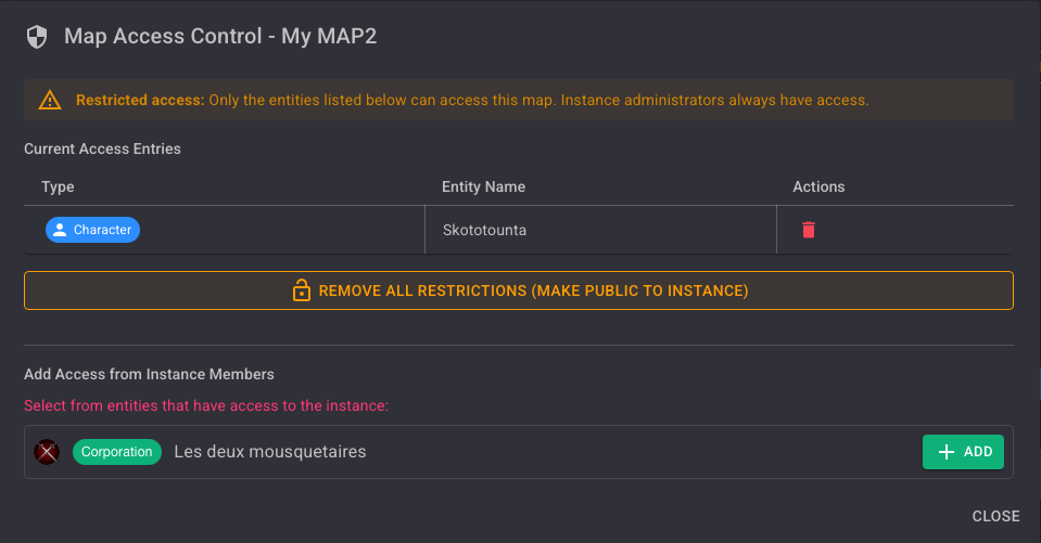 Map Access Control dialog — Restricted access banner, Skototounta listed in Current Access Entries with delete action