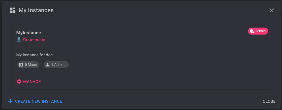 My Instances panel listing MyInstance with 0 Maps and 1 Admin