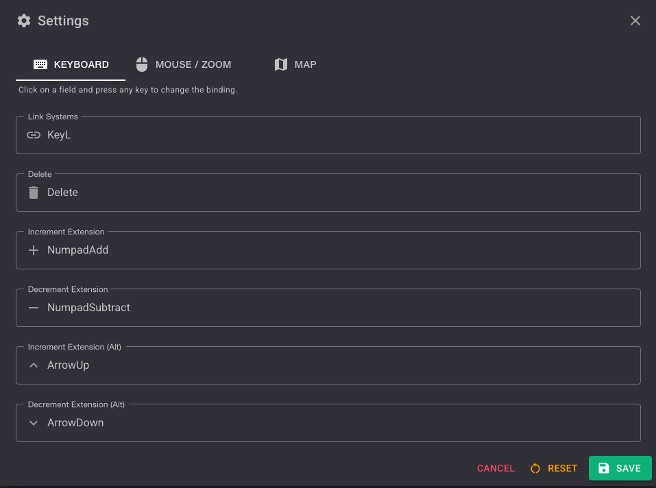 Keyboard settings tab
