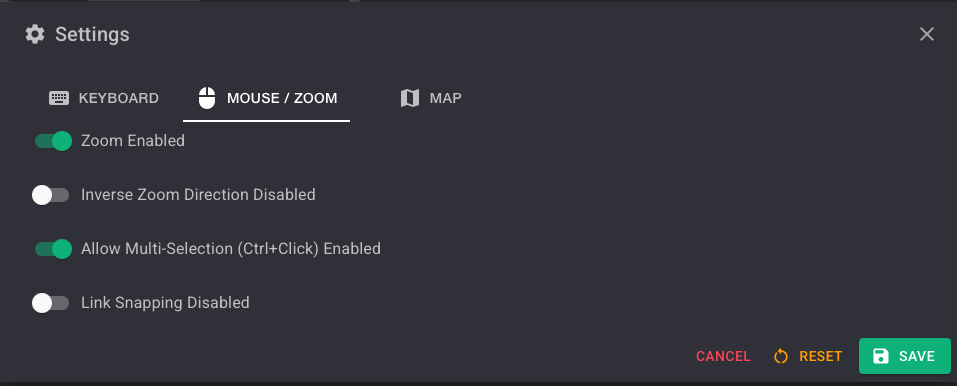 Mouse / Zoom settings tab
